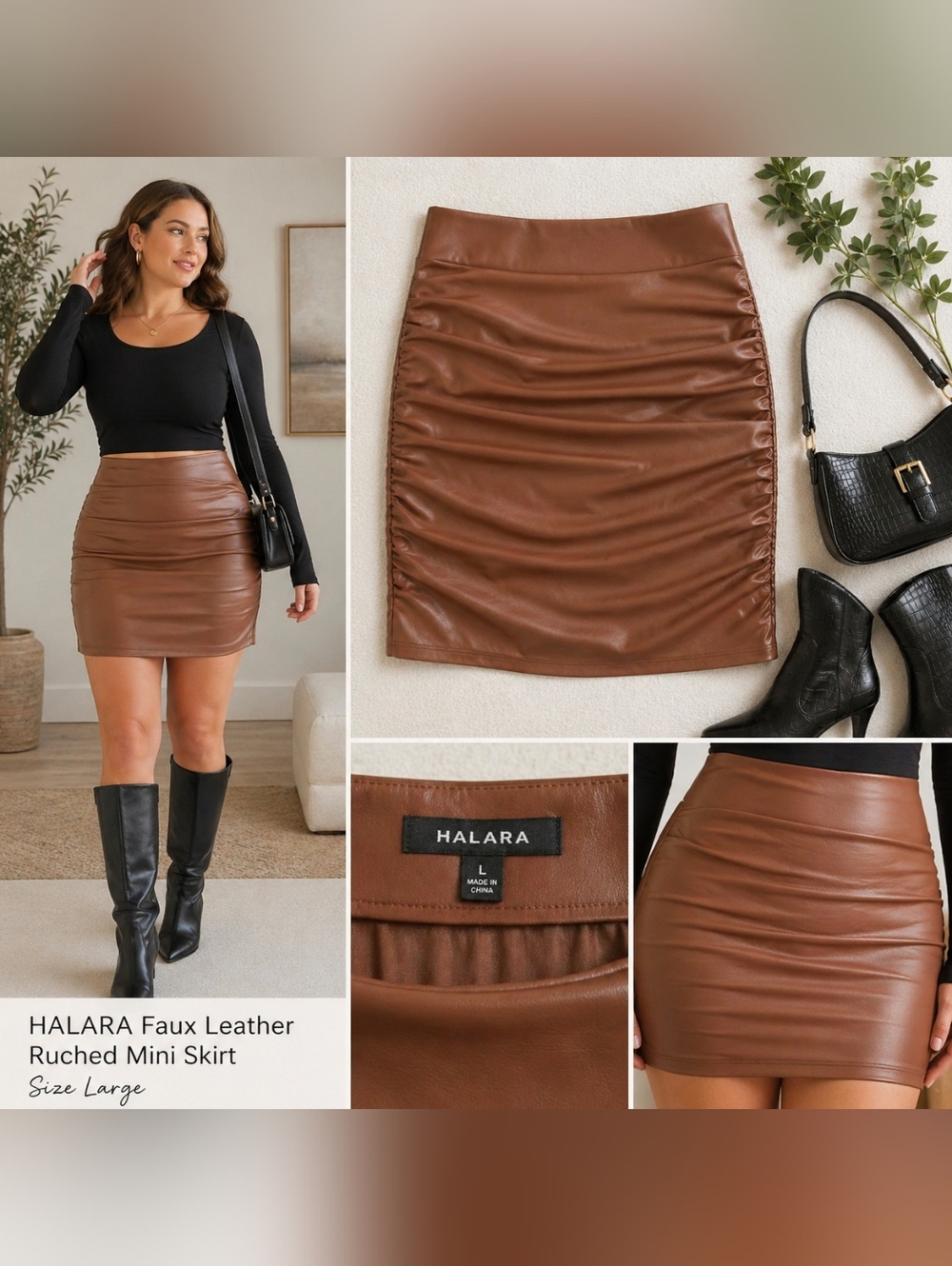 HALARA Faux Leather Pencil Skirt in Camel Brown